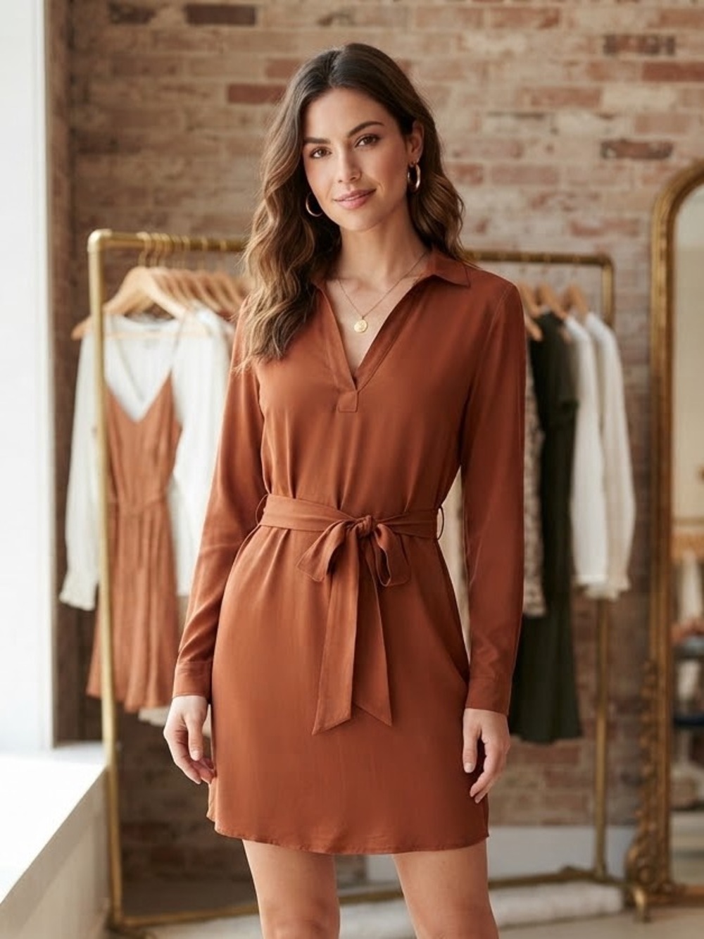 Rust Brown V-Neck Tie-Waist Mini Dress